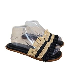 J Crew Womens Slide Sandals Straw Raffia Fringe Black Tan Size 7